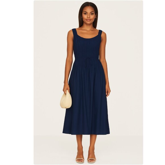 PAIGE Argeggio Smocked Midi Dress in Navy - Picture 1 of 12